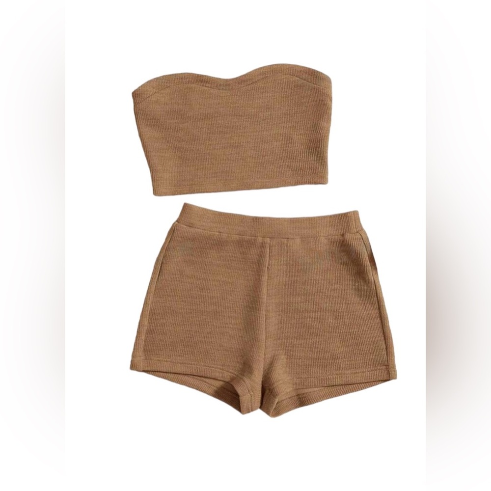 Women's Solid Color Strapless Top And Shorts Set